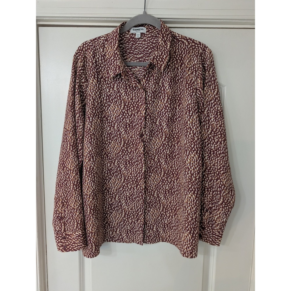 Express Portofino Shirt Womens XL Burgundy Abstract Animal Print Button Down Top